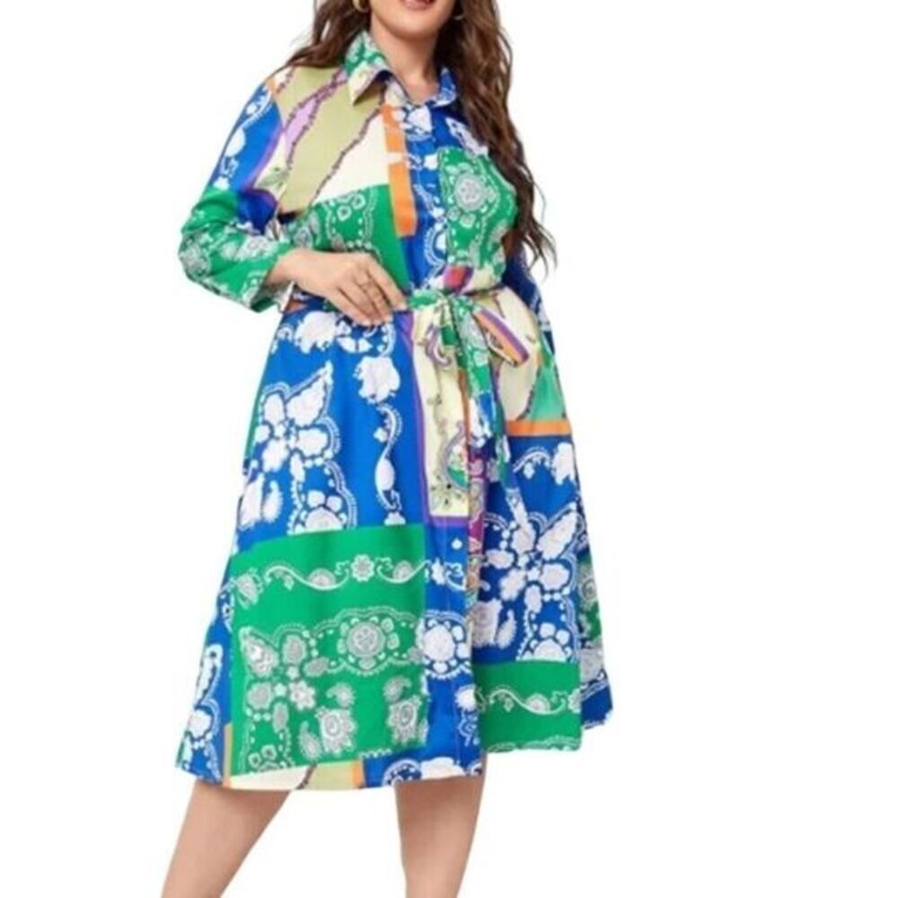 Abstract‎ Floral Print Belted Shirt Dress | Sample | XLarge | NWT SKU75